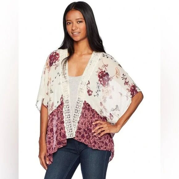 Stella Tweed Sheer Mixed Burgundy Floral Kimono Cover Up Cream Plum Size Medium - Picture 7 of 7